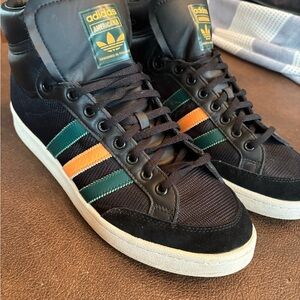 Adidas Men's Black Sneakers with Orange and Green Stripes